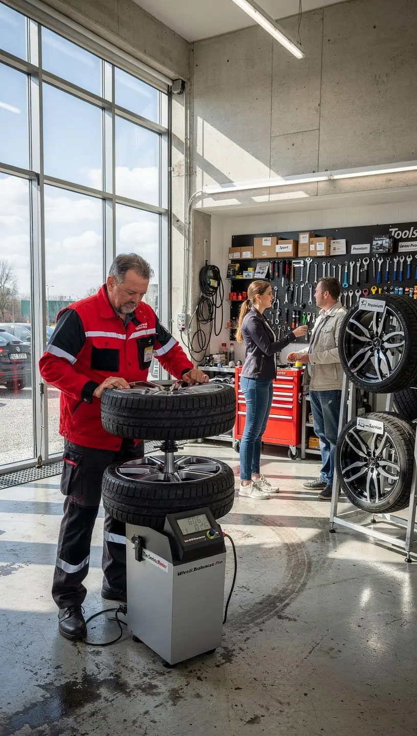 Beratungsgespräch im Reifenservicezentrum über saisonale Reifenwechsel und optimale Fahrzeugsicherheit.